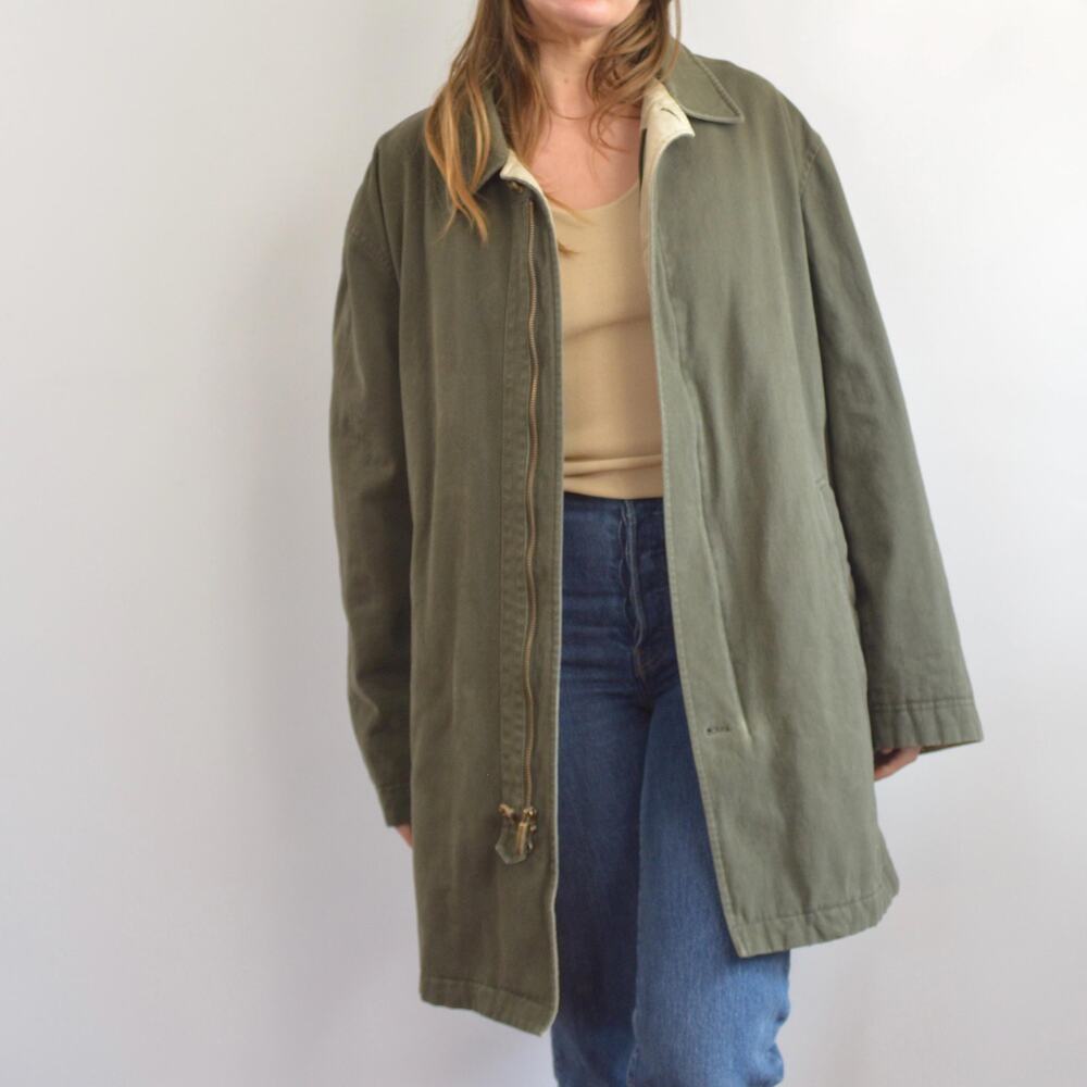 quilted olive green cotton mid length chore coat